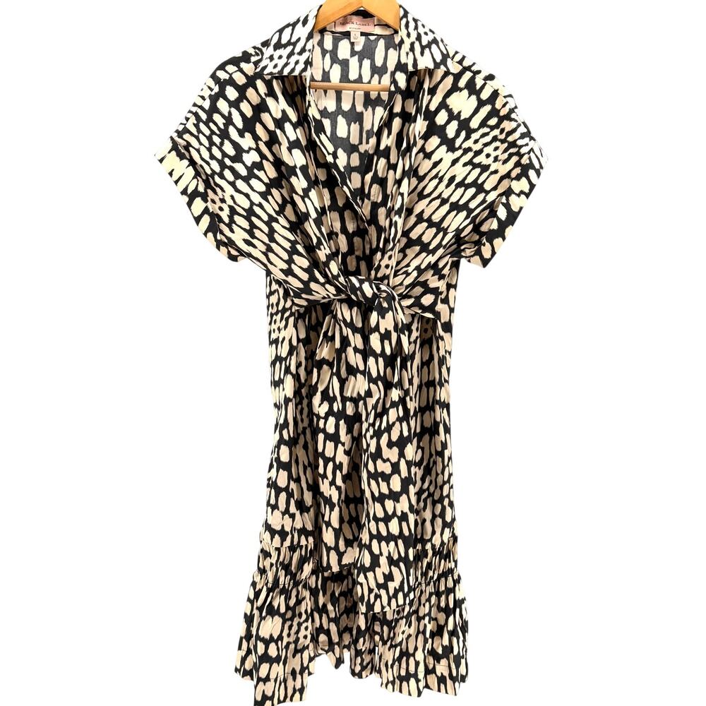 Black Label by Chico's Black Khaki Ikat Print Tie Front Midi Dress